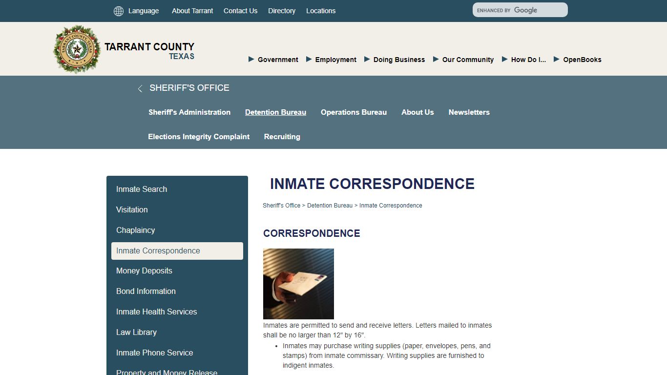 Inmate Correspondence - Tarrant County TX